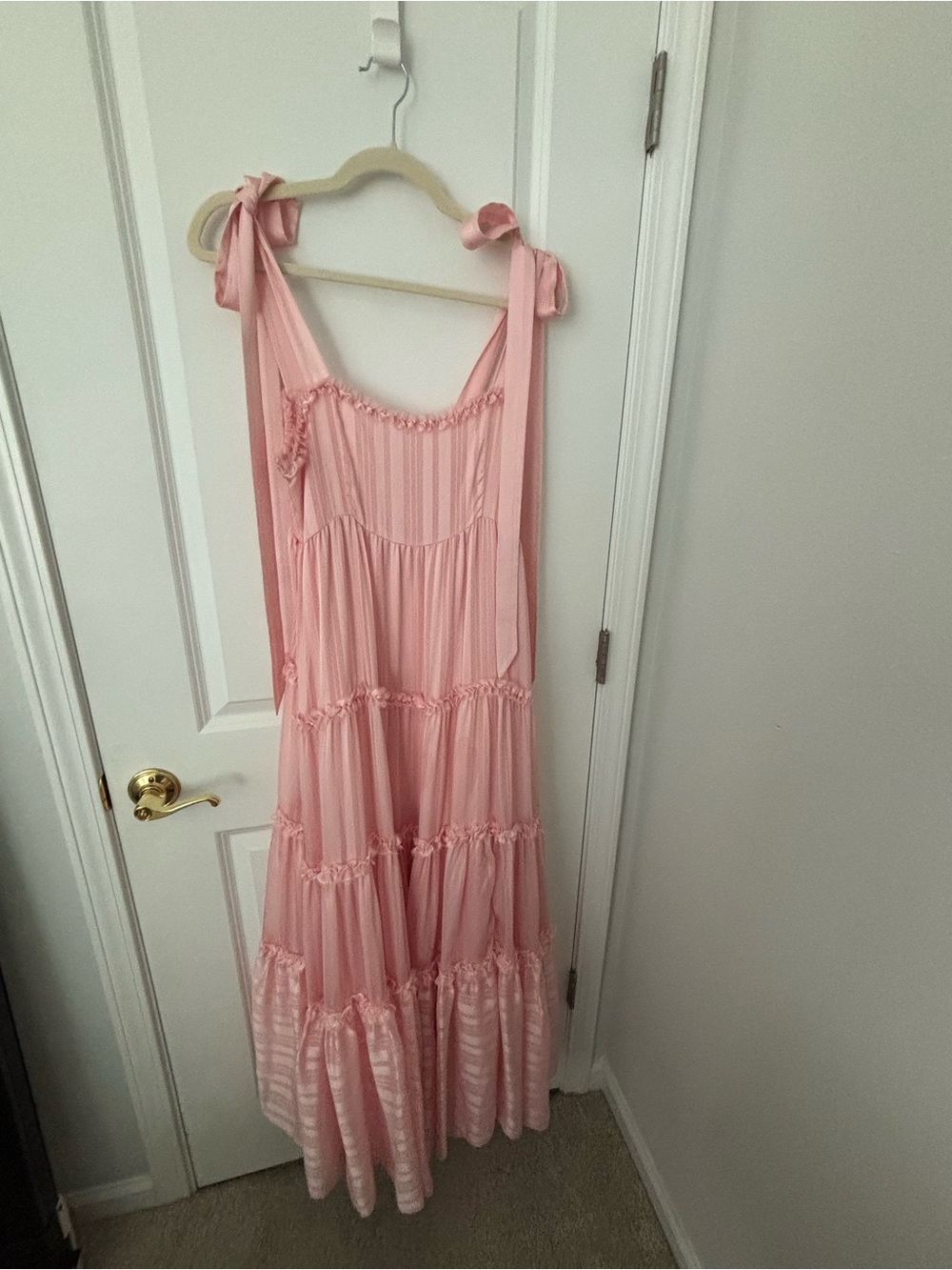 Loveshackfancy Burrows Pink Maxi Dress Fringe Ruffle Layered Tie Shoulder 12 - Picture 2 of 9
